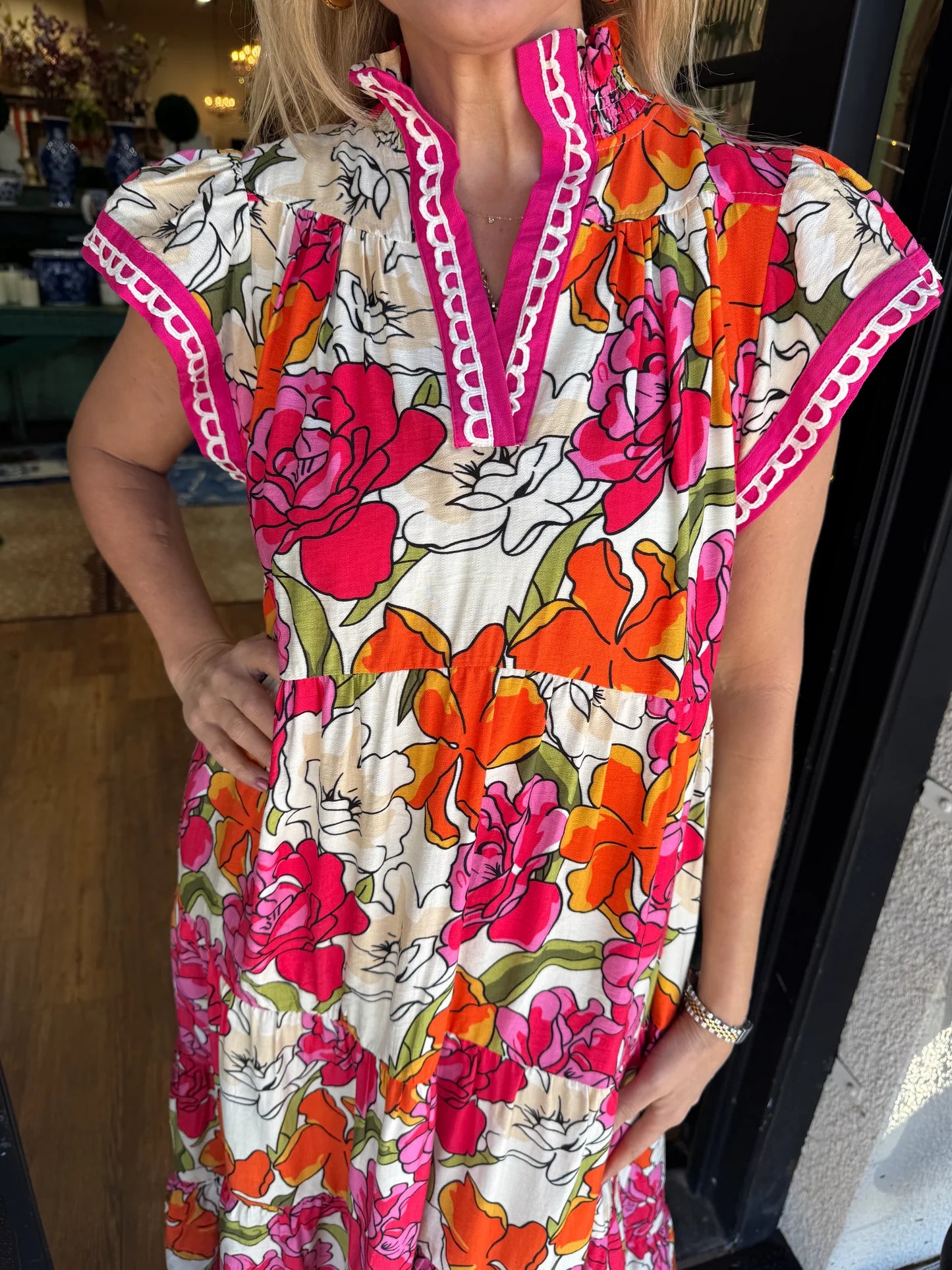 UMGEE: Peony Promenade Floral Print Tiered Midi Dress