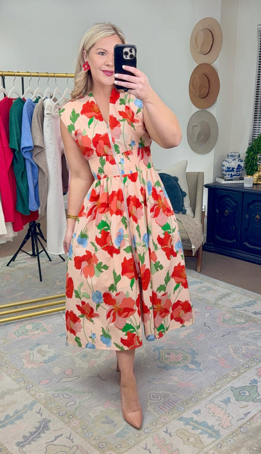 Painted Poppy Floral Print Midi Dress