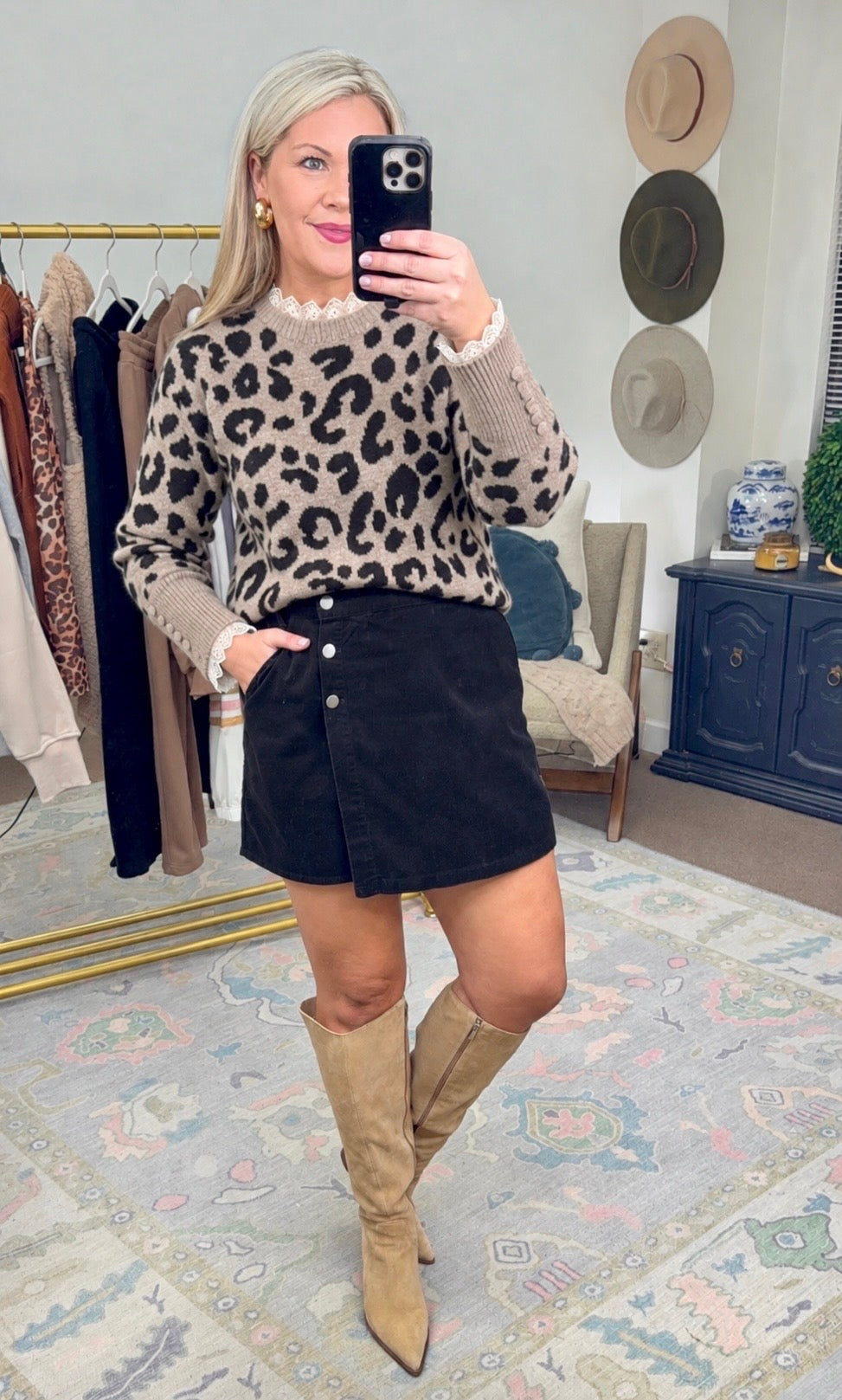 Cat Call Animal Print Contrast Trim Knit Top