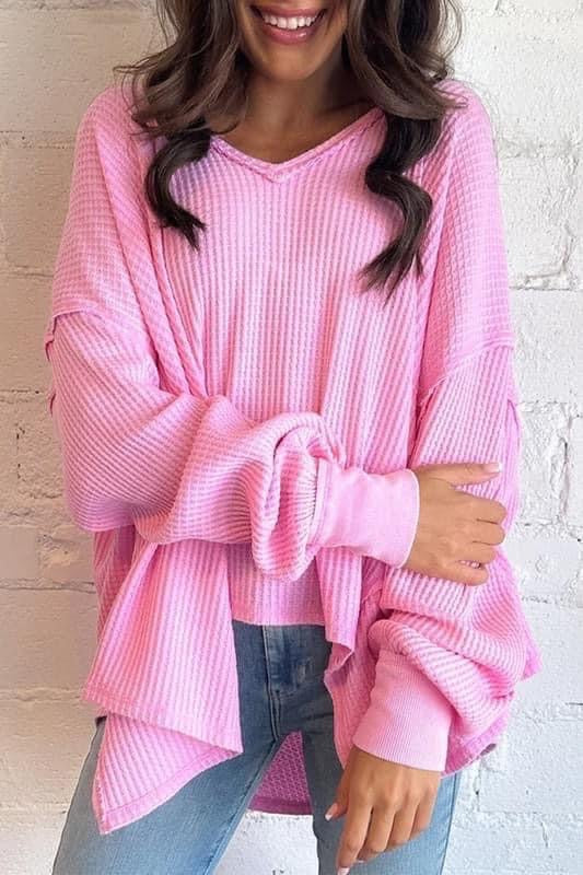 Pink Waffle Knit Raw Hem Top