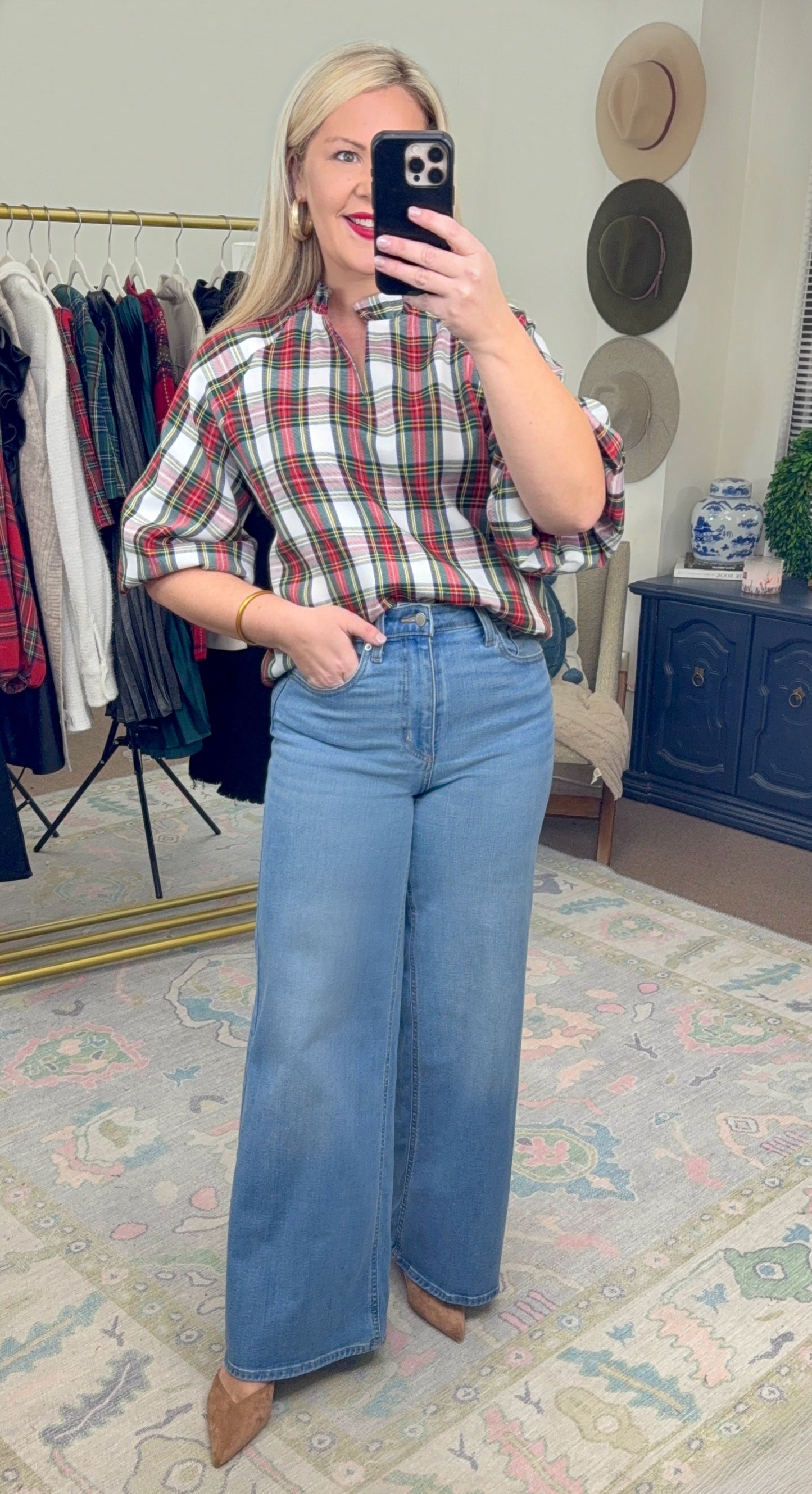 Holiday Heritage Tartan Ruffle Neck Blouse