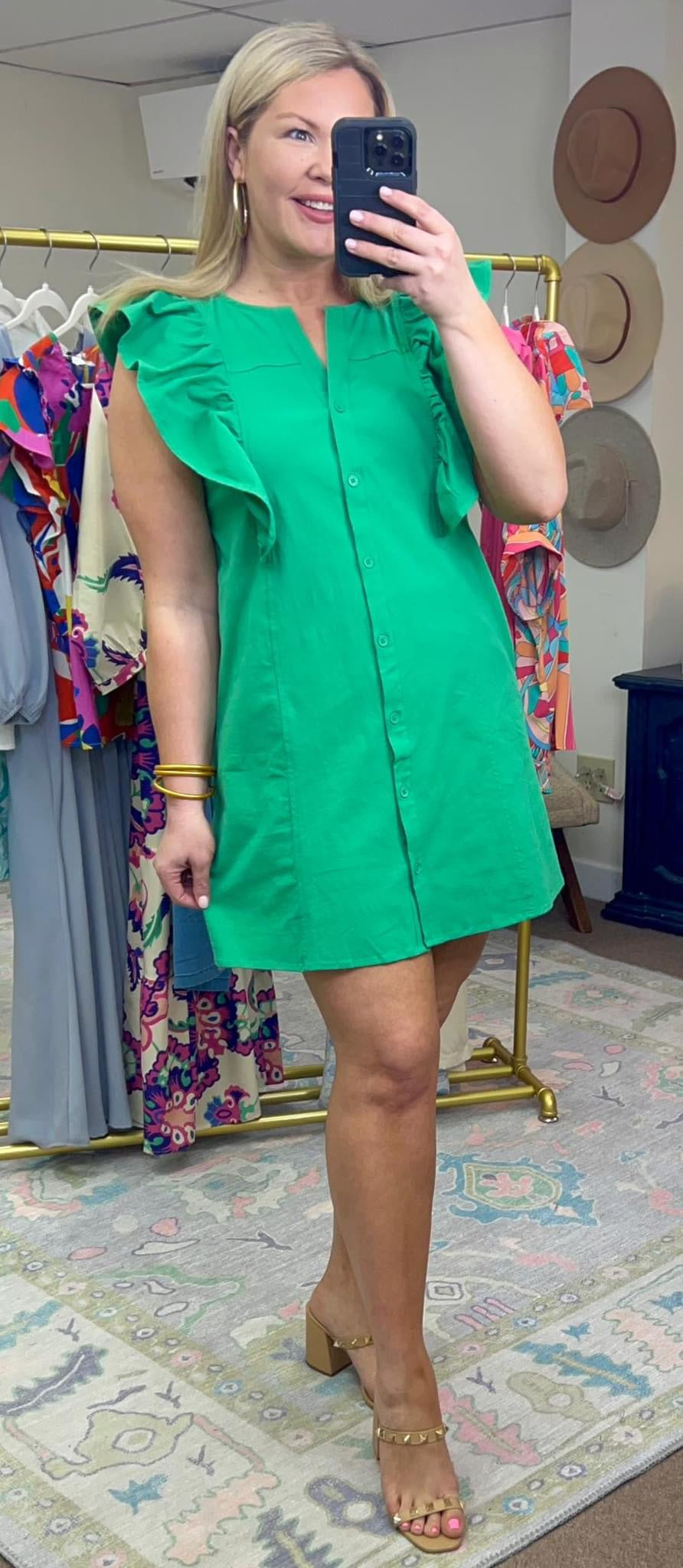 Green Ruffle Shirt Dress