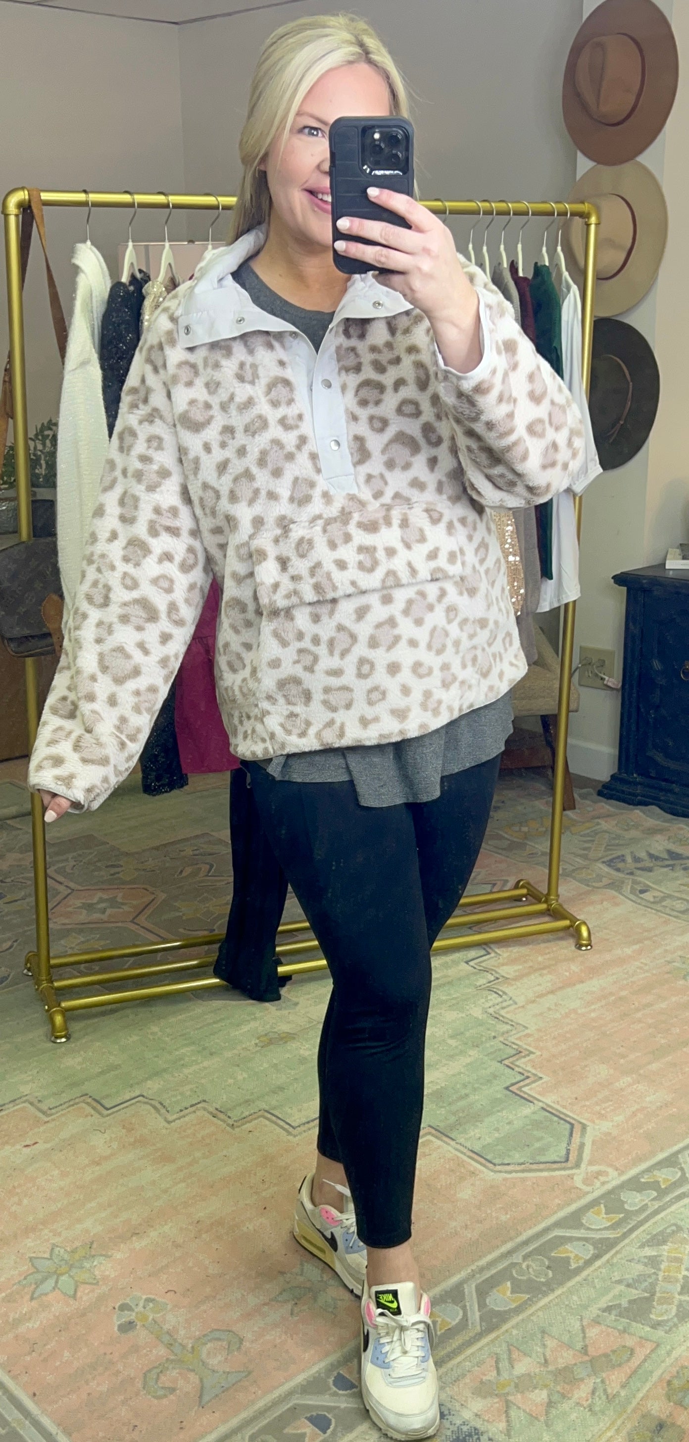 Leopard Print Snap Neck Pullover