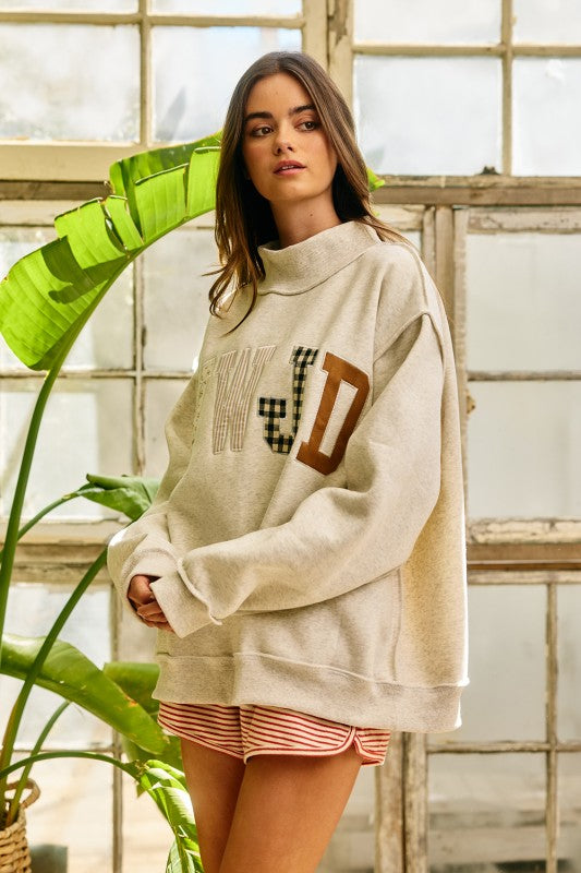 WWJD Embroidered Patch Graphic Mock Neck Sweatshirt