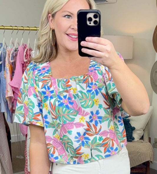 Whimsy Palms Vibrant Square Neck Blouse