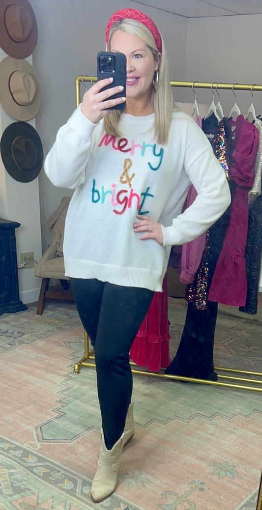 White Puff Script Merry & Bright Sweater