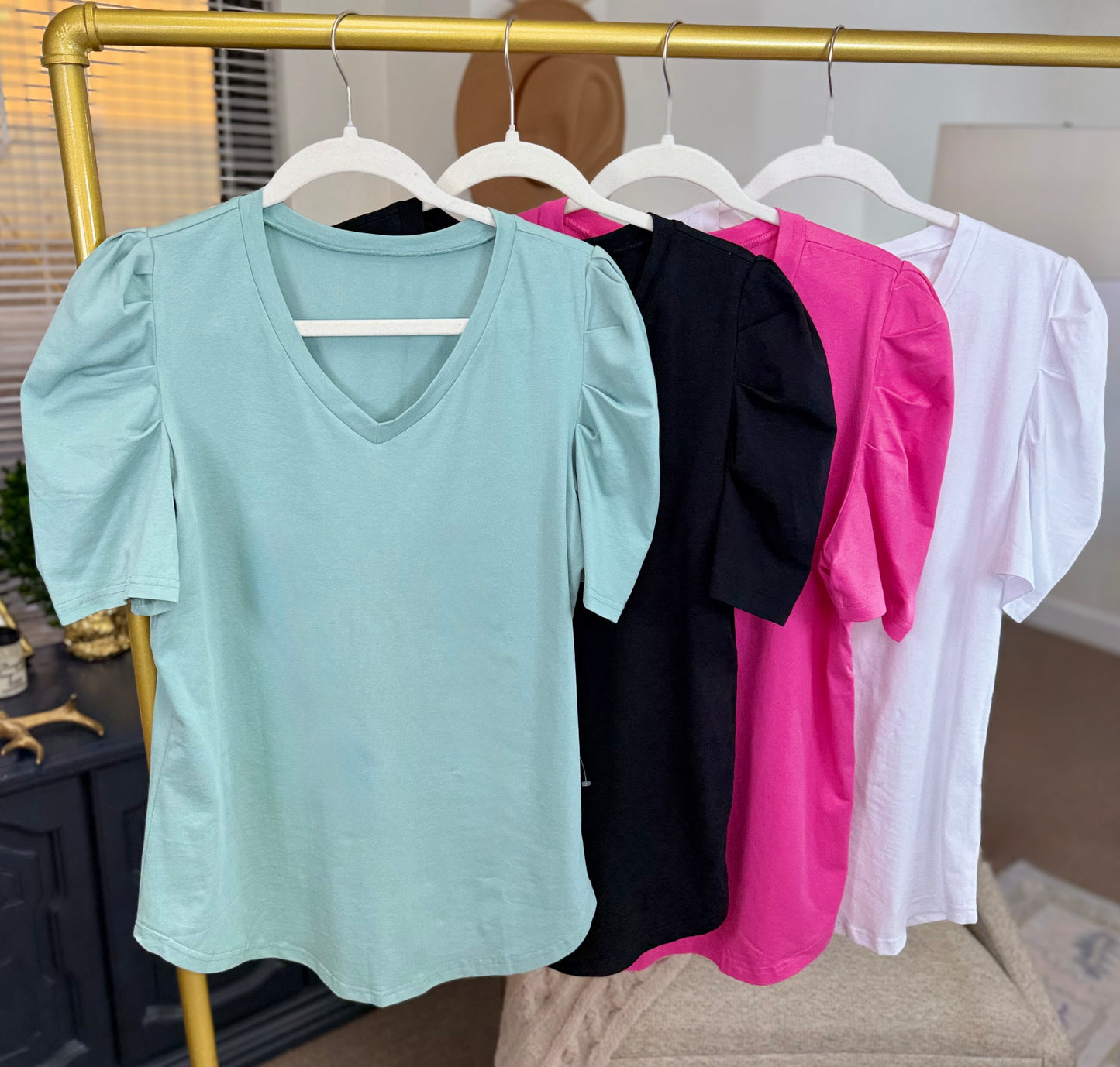 MORE COLORS Puff Sleeve V-Neck Top