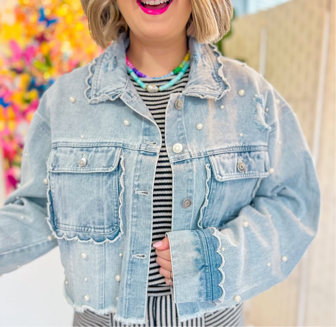 Sweet Gal Scallop Pearl Embellished Denim Jacket