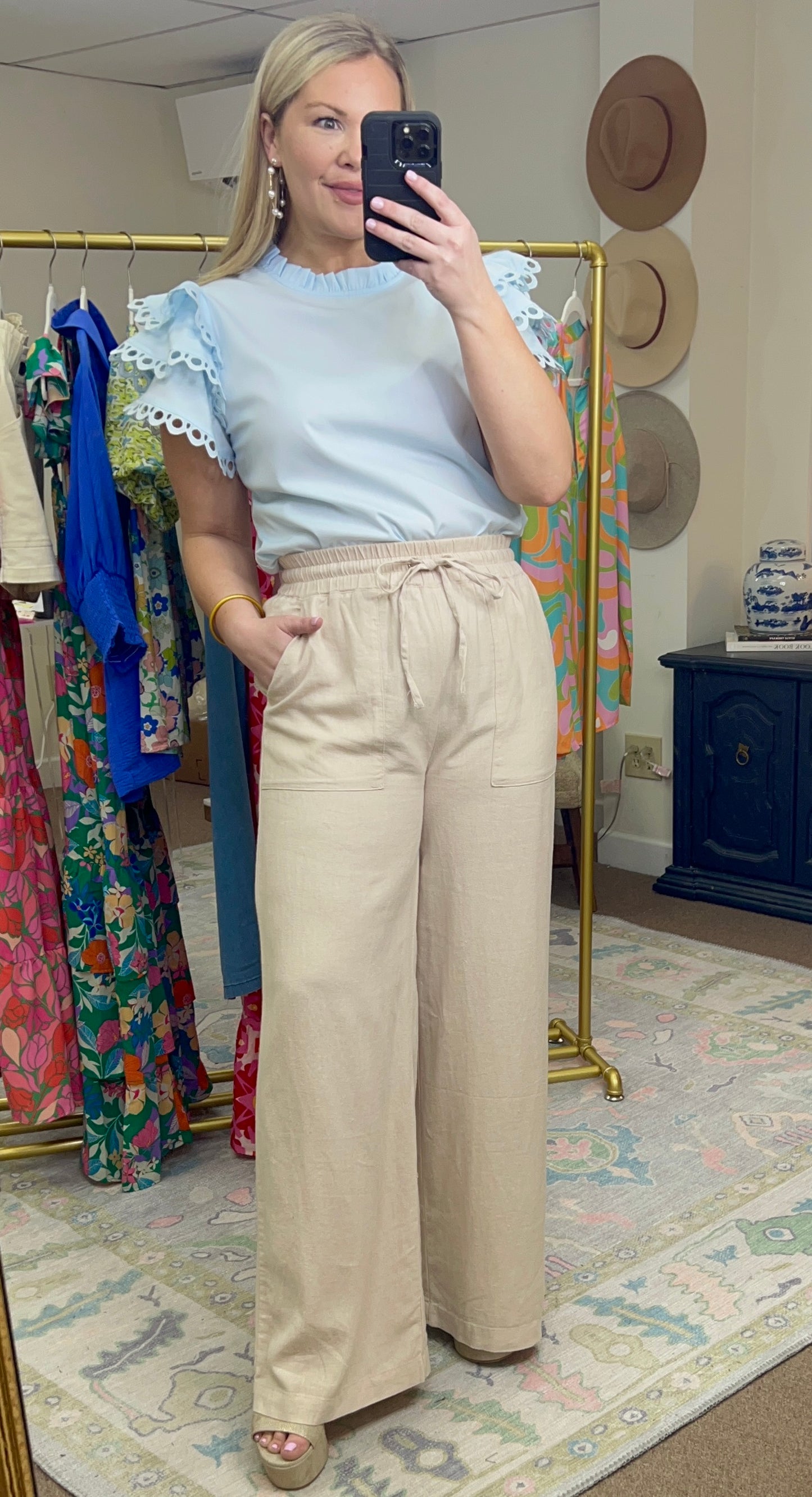 Khaki Wide Leg Linen Pants