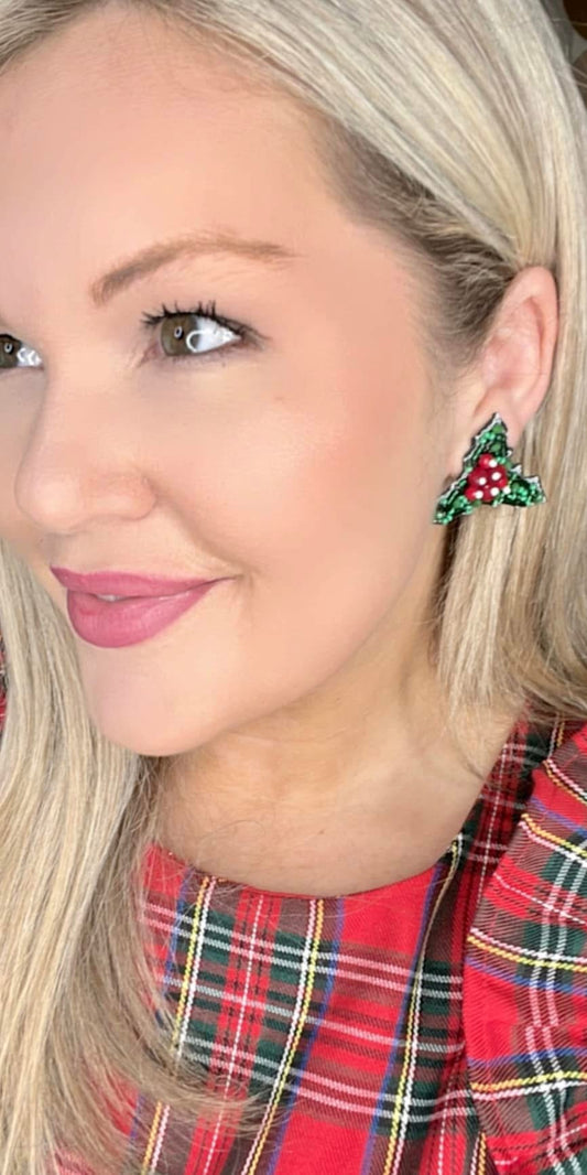 Beaded Holly Leaf Earrings