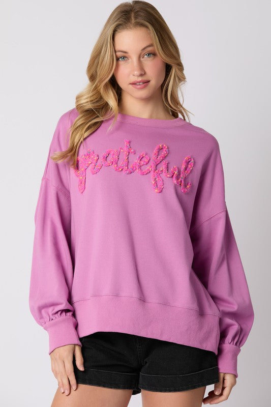 Oh So Grateful Puff Script Pullover