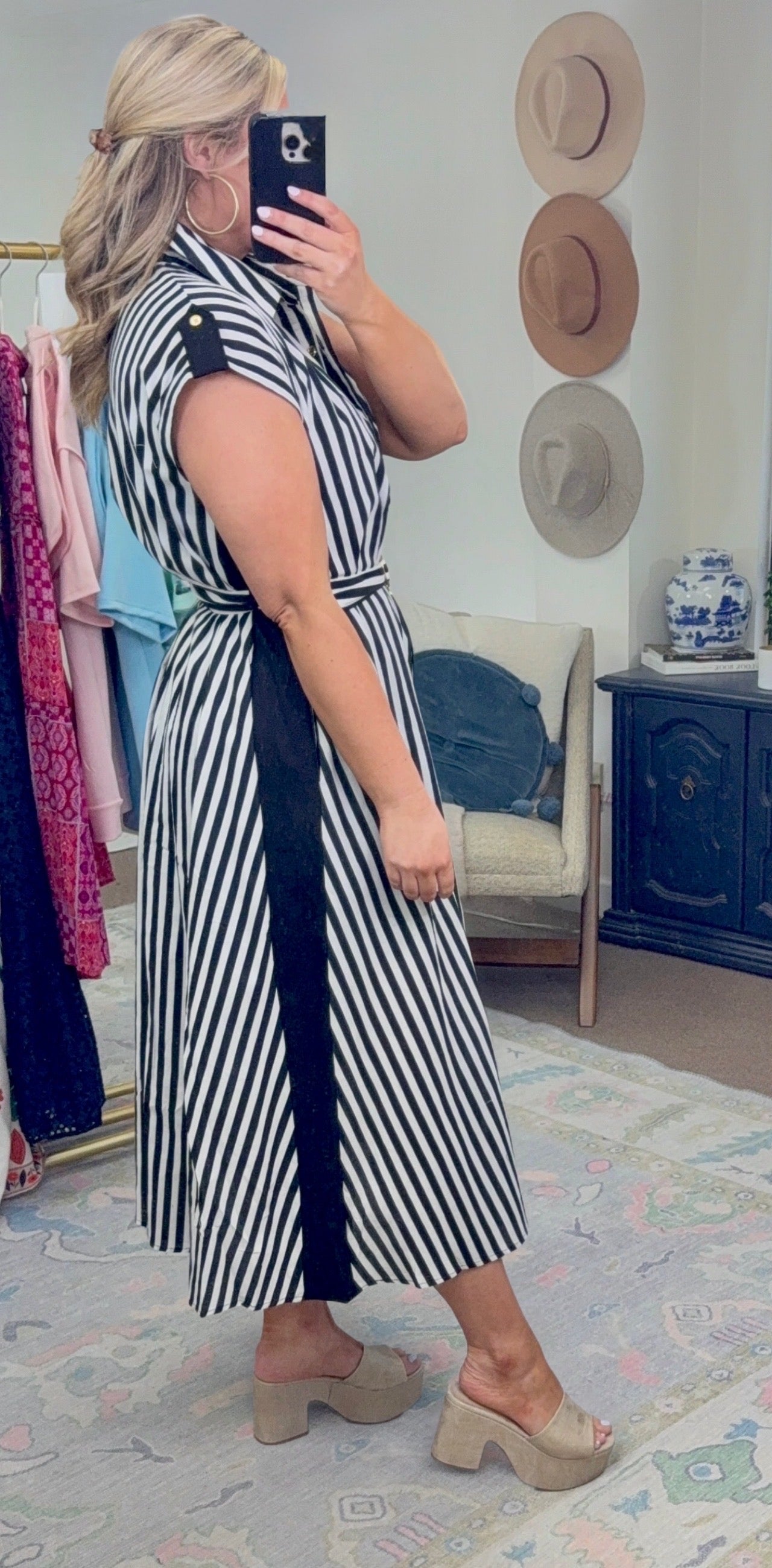 Nice Girl Belted Stripe Midi Dress