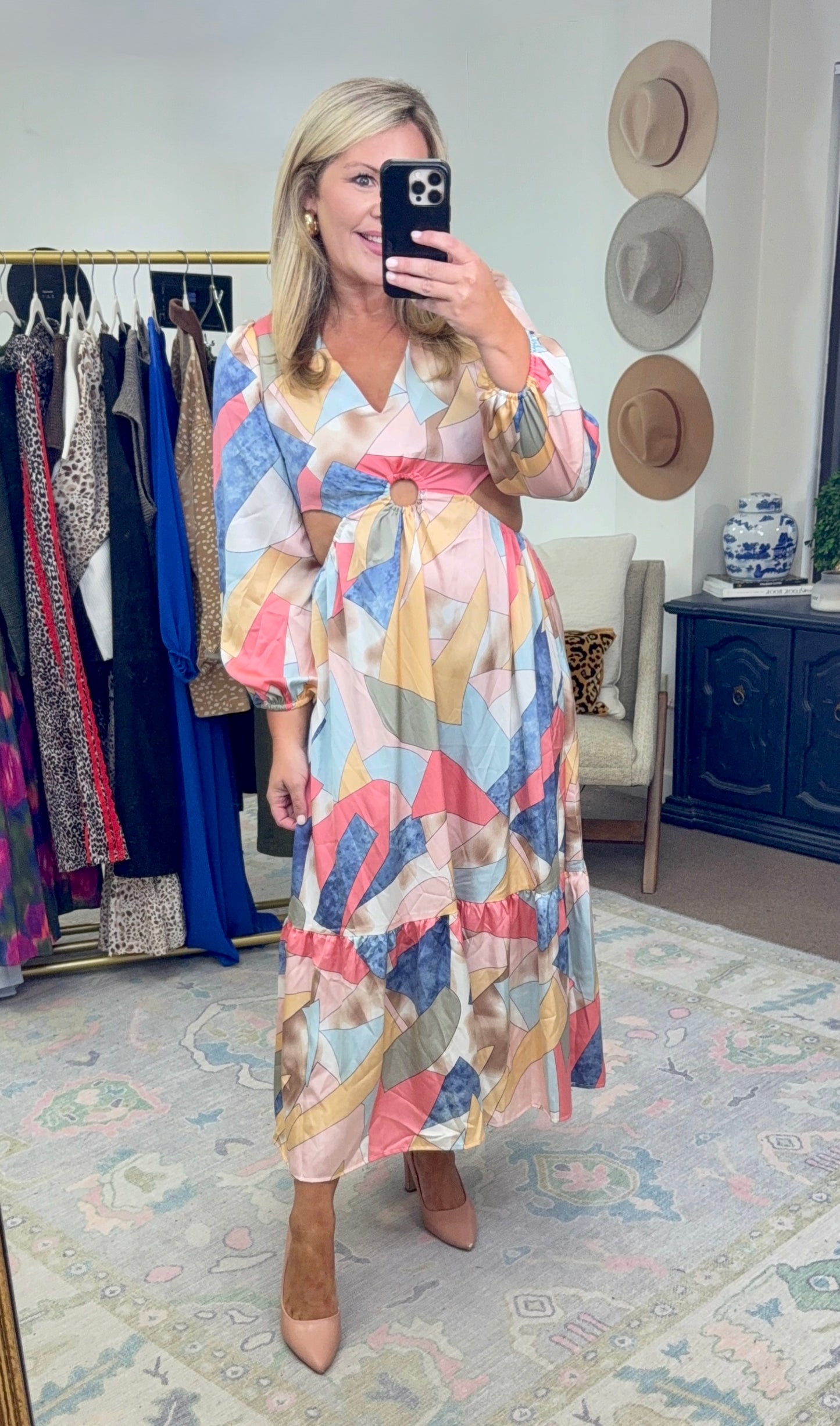 Long Sleeve Cut Out Abstract Maxi Dress
