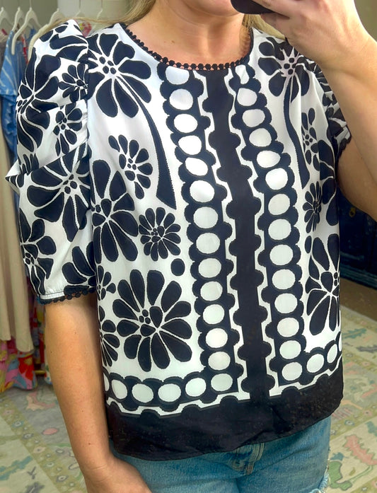 Black Print Puff Sleeve Blouse