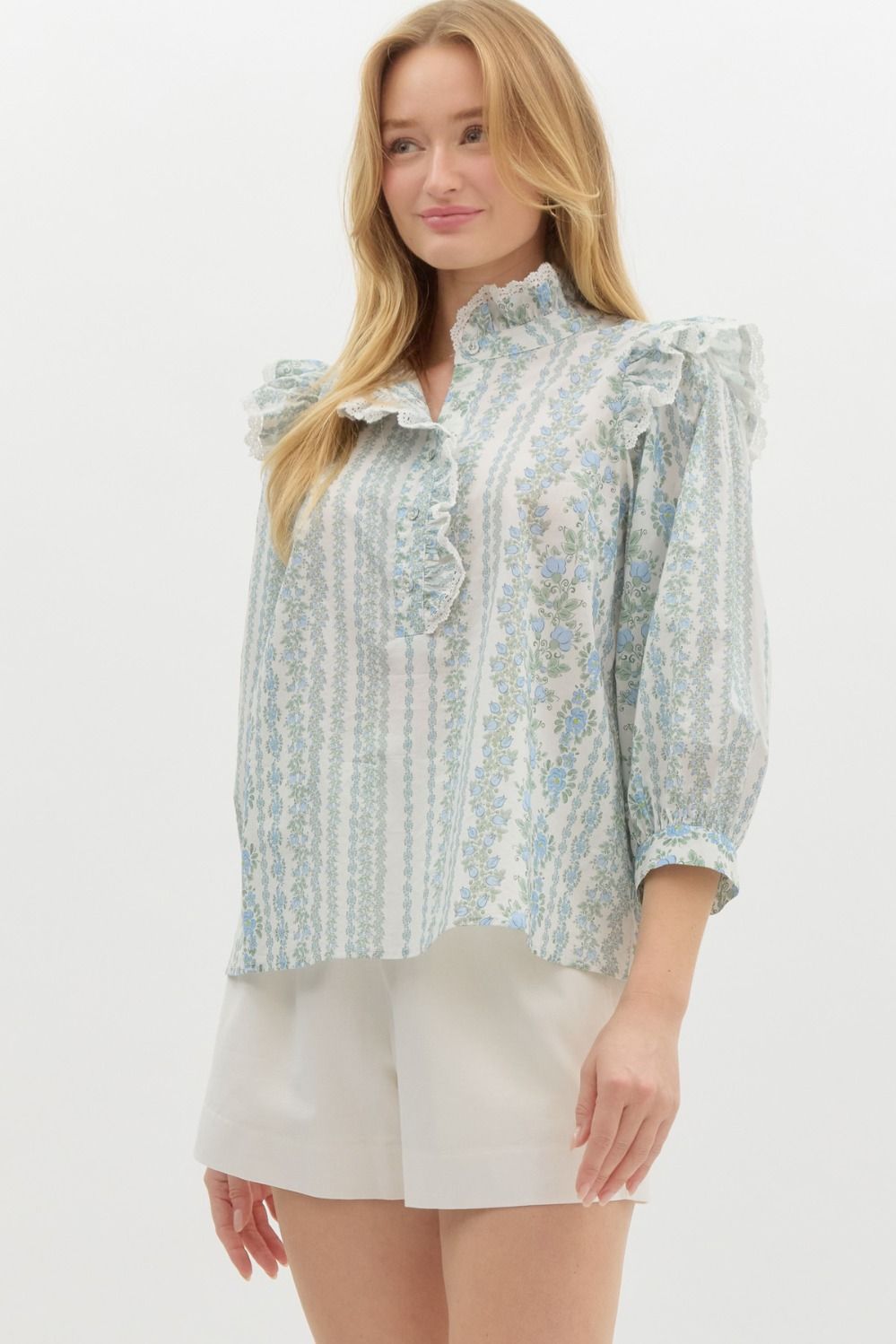 Delicate Flower Ruffle Puff Sleeve Blouse