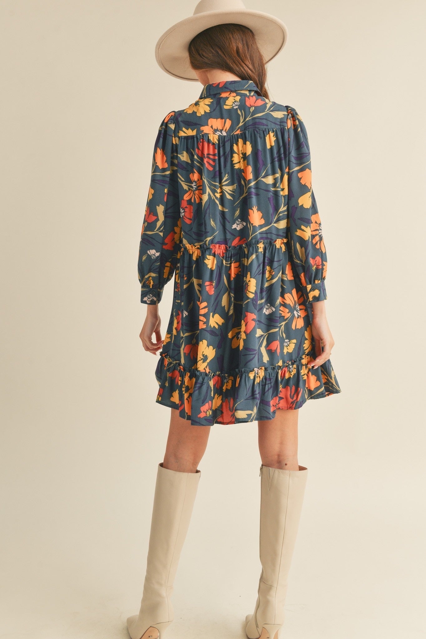 Navy Fall Floral Tiered Dress