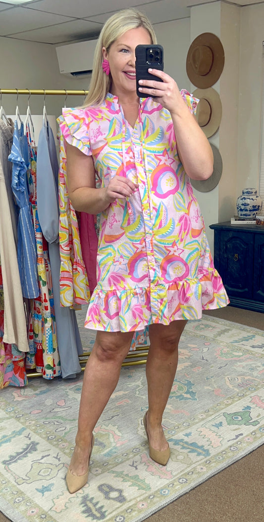 Summer Frills Print Button Down Dress