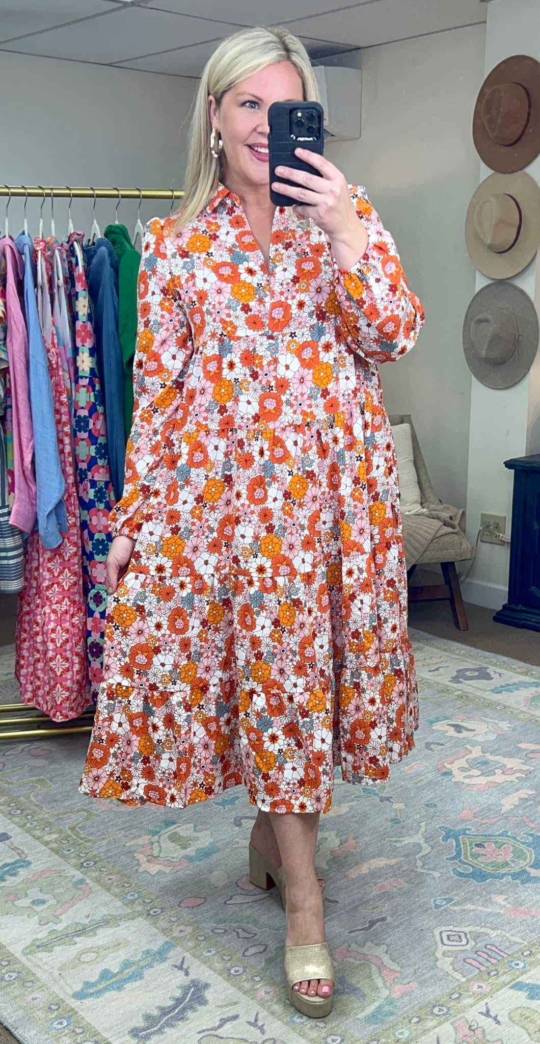 Retro Floral Print Midi Dress