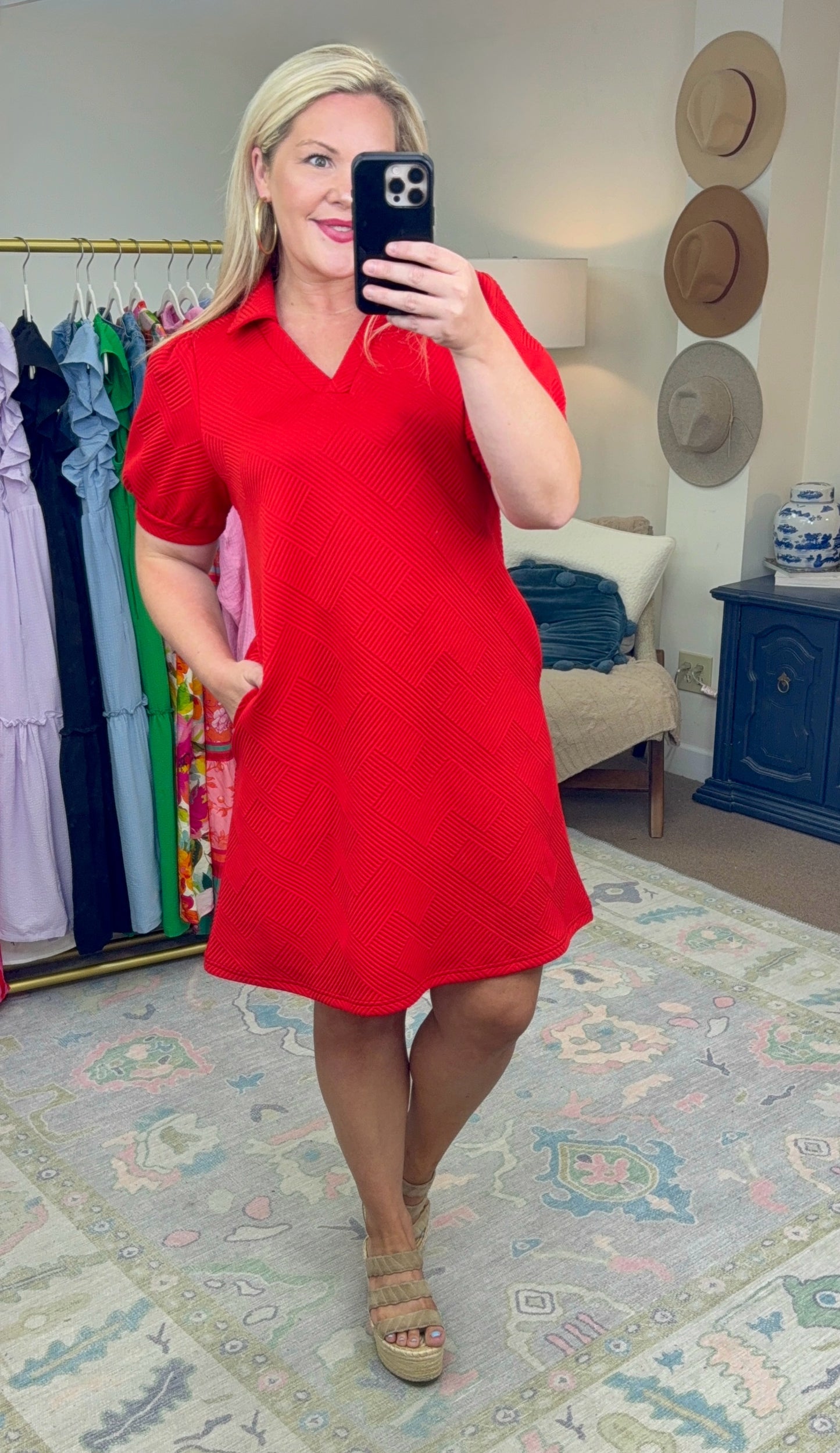 Already There Red Textured Shirt Dress