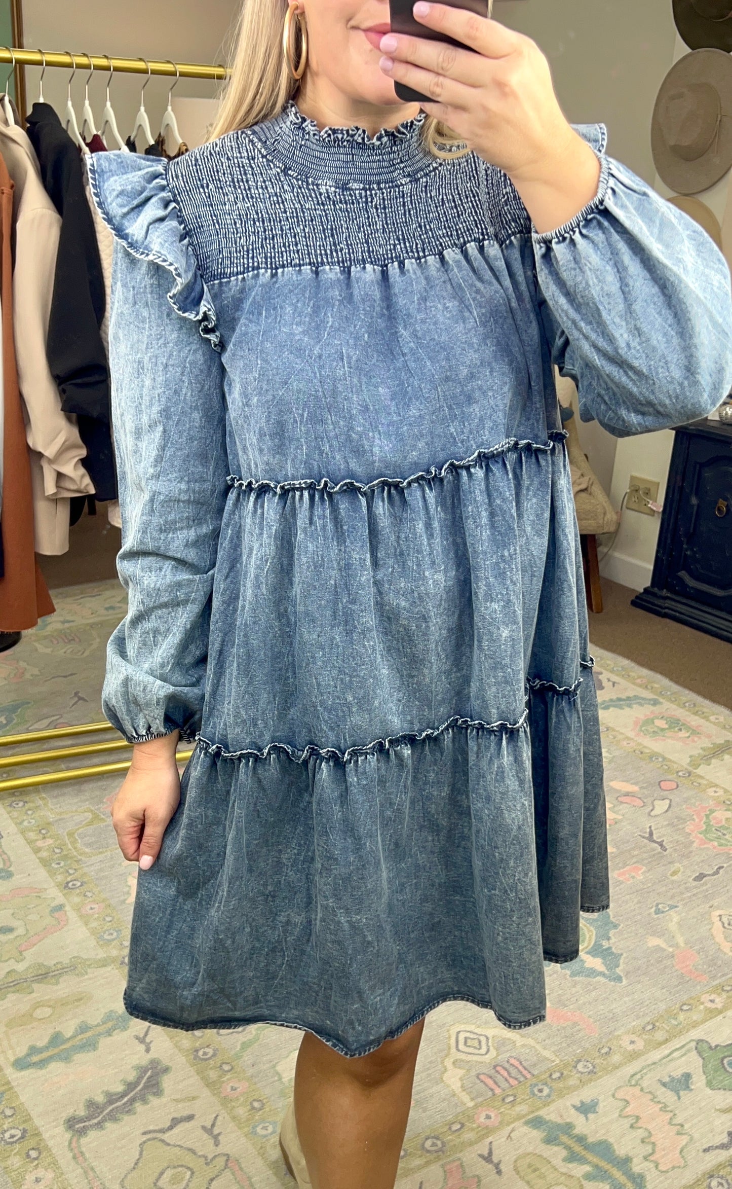 Cherish You Ruffle Washed Denim Dress