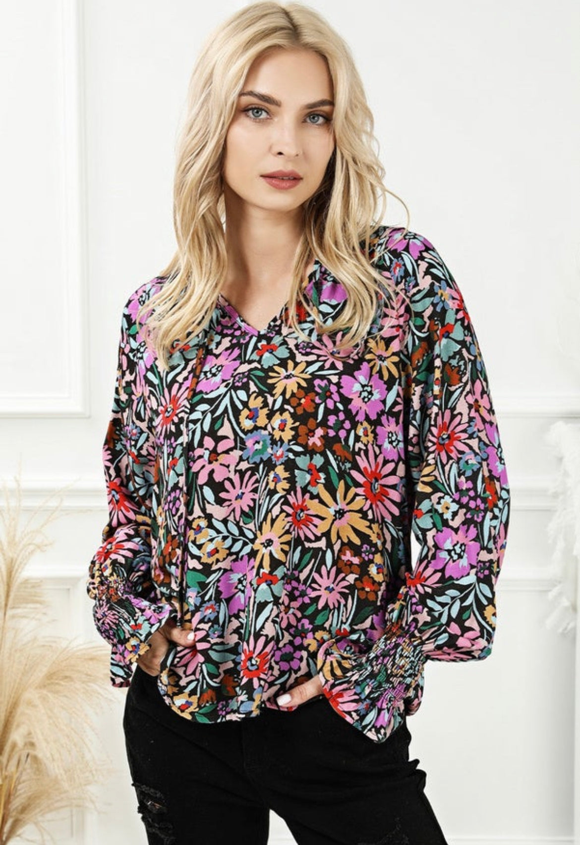 Black Multi Print Ruffle Blouse