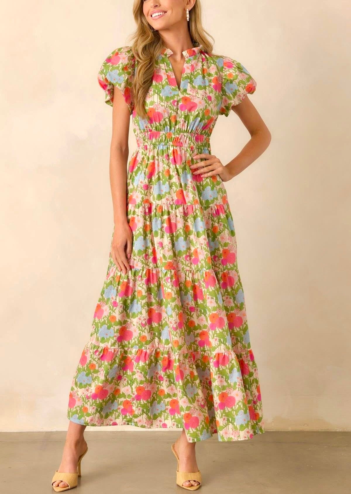 Bloom Service Printed Puff Sleeve Maxi Dress