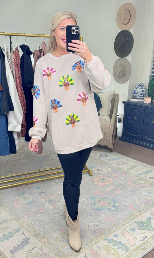 Shake Your Tail Feather Sequin Turkey Pullover Top