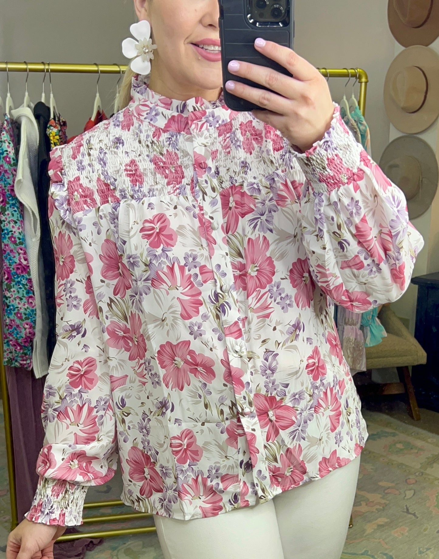 Pink Floral Smocked Frill Blouse