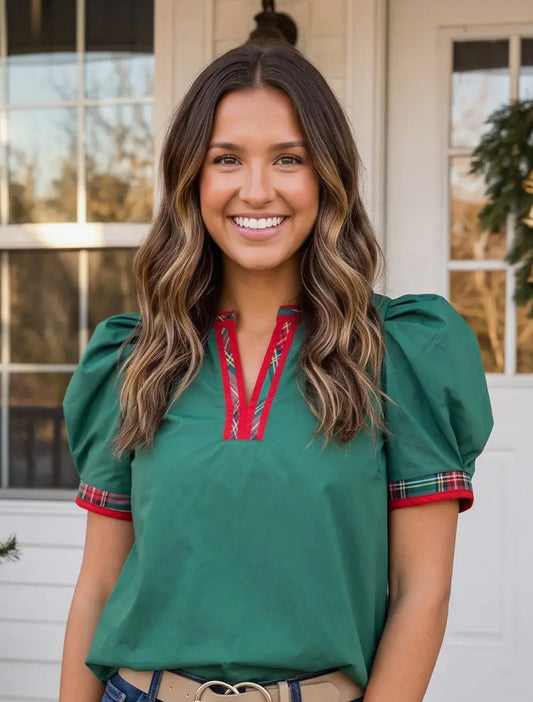 Evergreen Estate Tartan Trim Blouse— PREORDER
