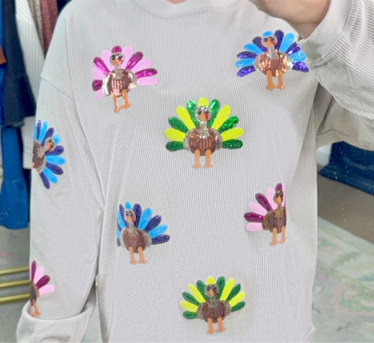 Shake Your Tail Feather Sequin Turkey Pullover Top
