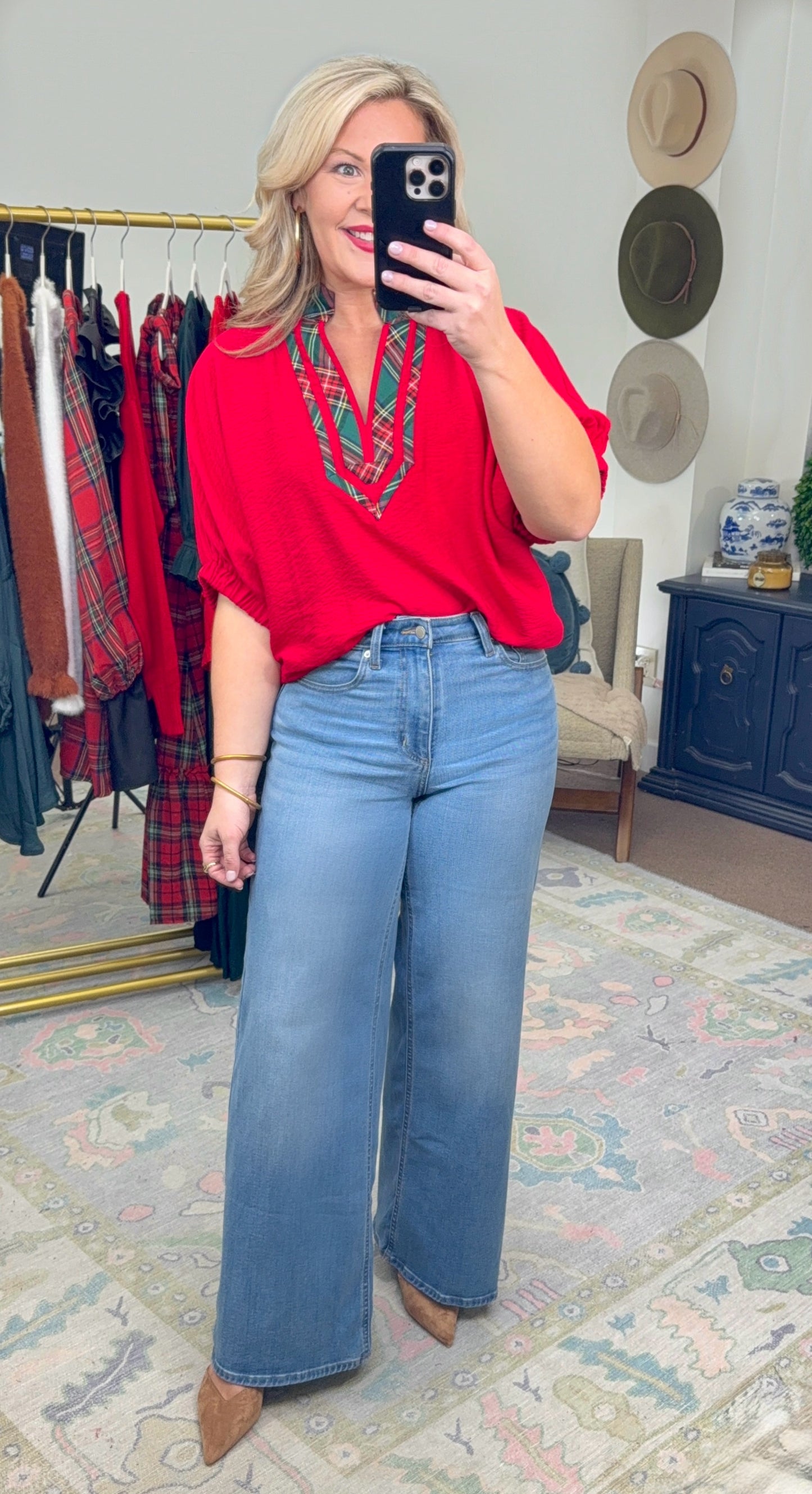 Timeless Tidings Red Tartan Trim Blouse