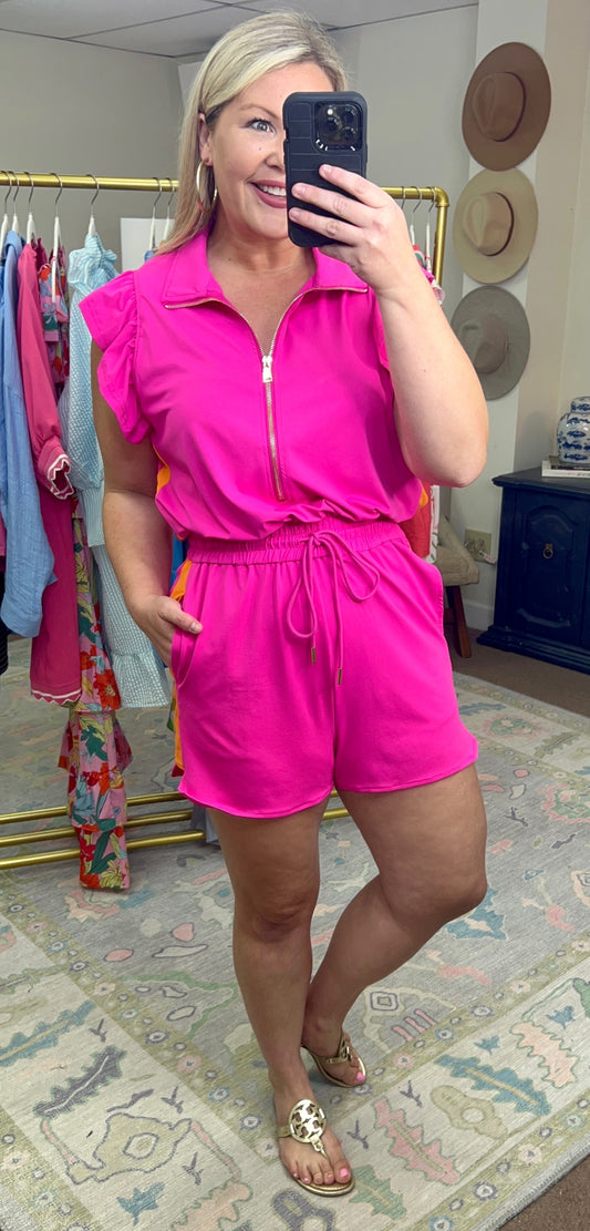 Playful Ways Pink Colorblock Ruffle Romper