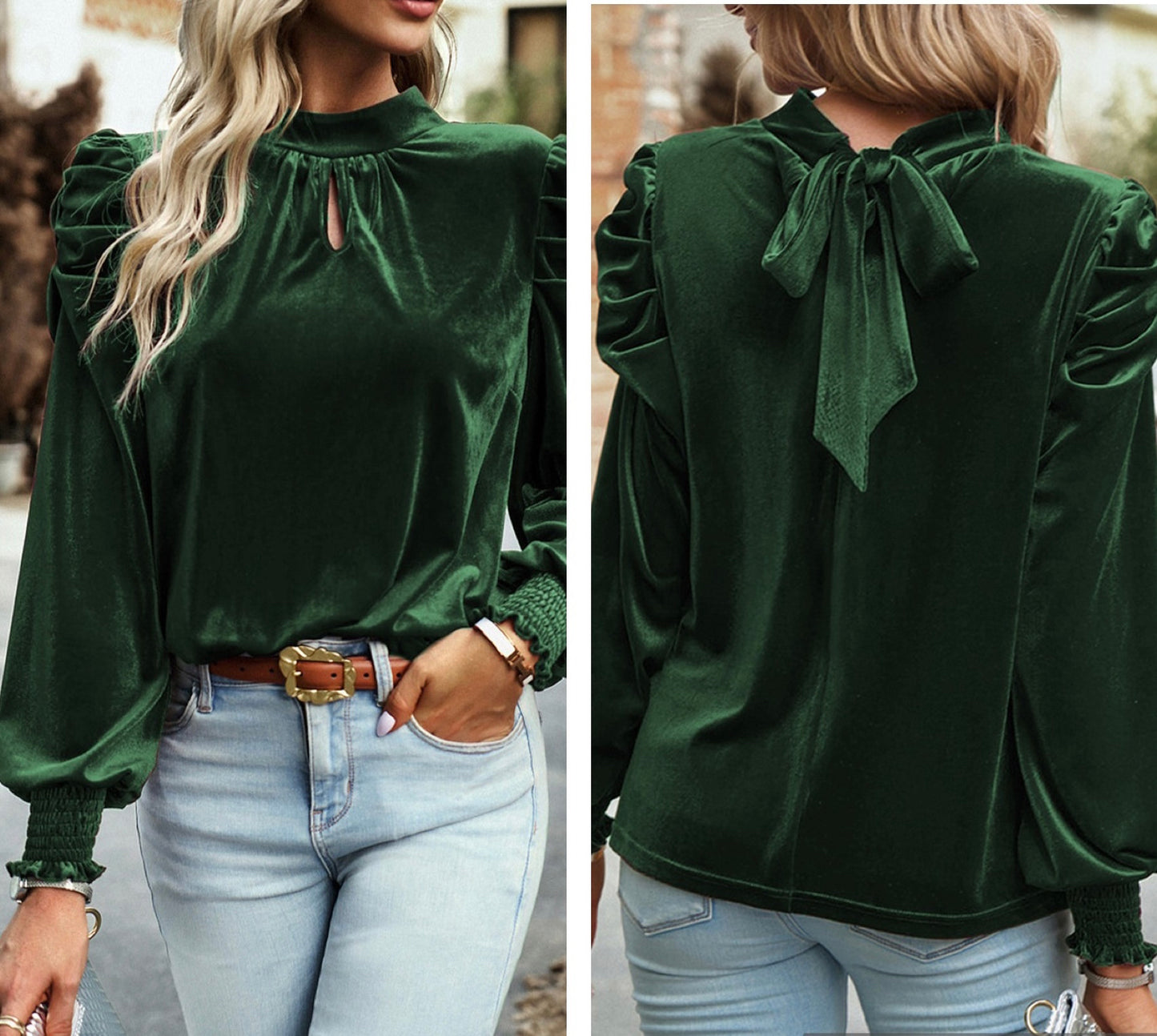 Velvet Keyhole Tie Neck Blouse