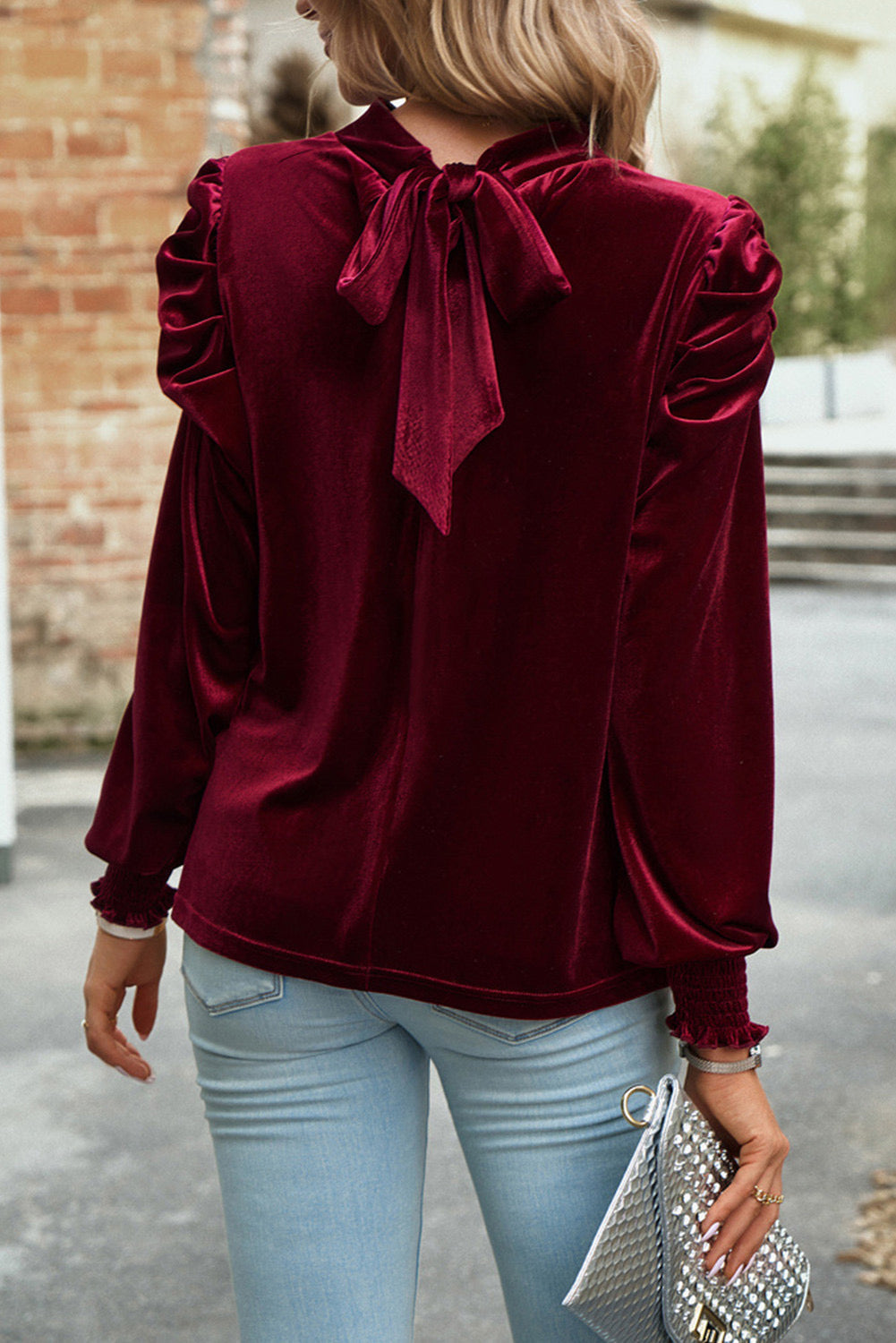 Velvet Keyhole Tie Neck Blouse
