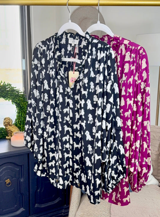 ENTRO: Dog Print Ruffle Blouse