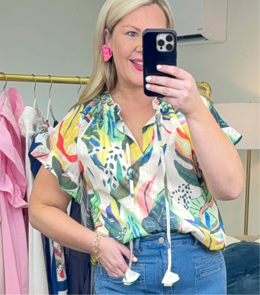 Palms Away Abstract Print Blouse
