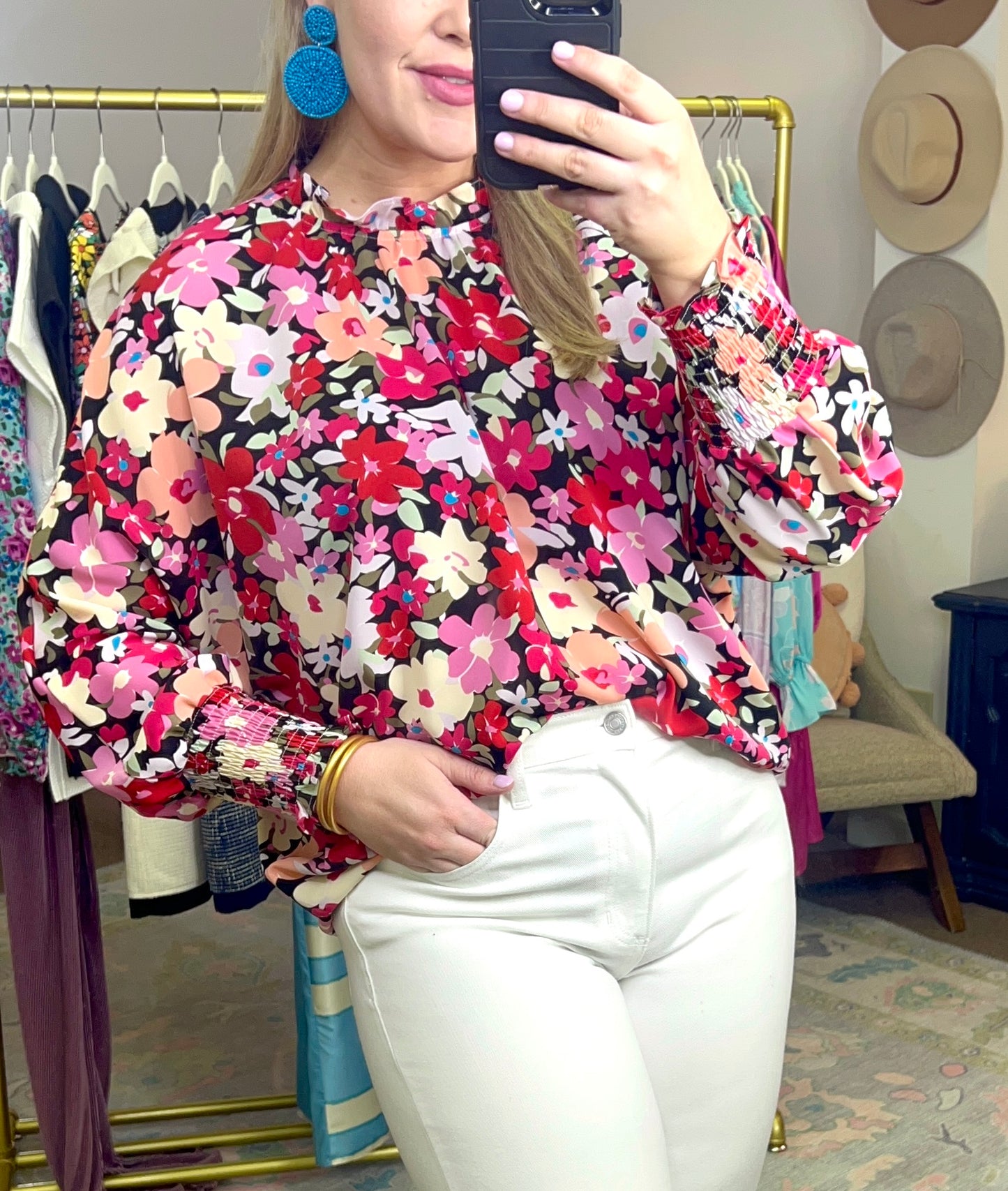 Floral Print Smock Cuff Blouse