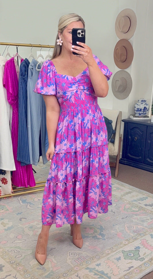 What in Carnation Print Midi Dress