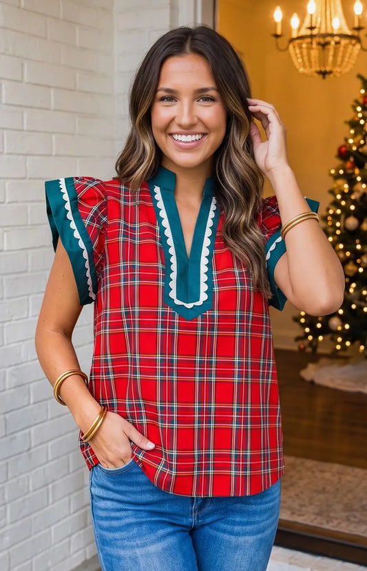Trimmed to Perfection Tartan Ric Rac Blouse— PREORDER