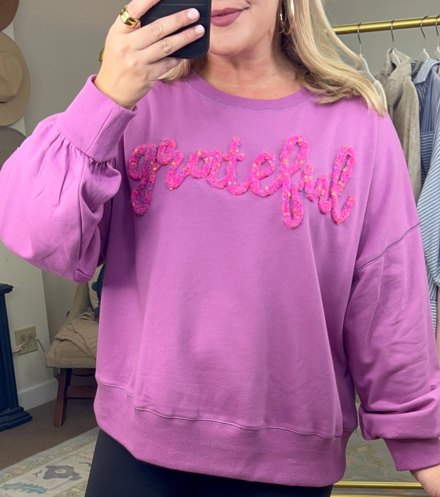 Oh So Grateful Puff Script Pullover