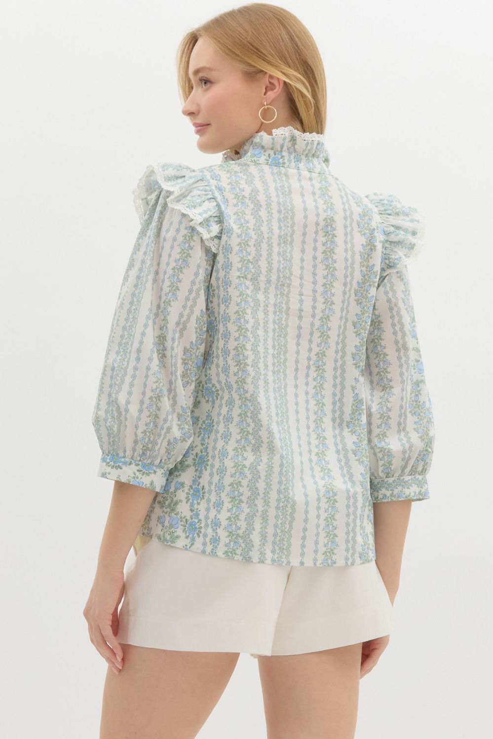 Delicate Flower Ruffle Puff Sleeve Blouse