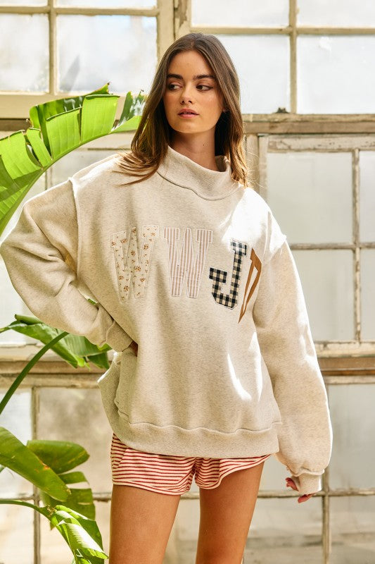 WWJD Embroidered Patch Graphic Mock Neck Sweatshirt