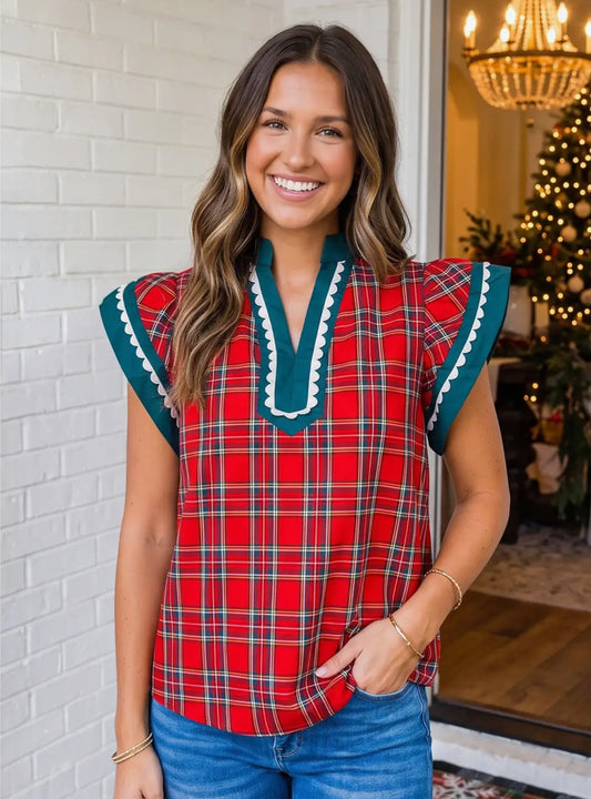 Trimmed to Perfection Tartan Ric Rac Blouse— PREORDER