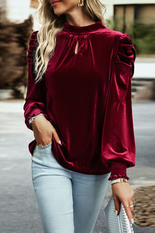 Velvet Keyhole Tie Neck Blouse