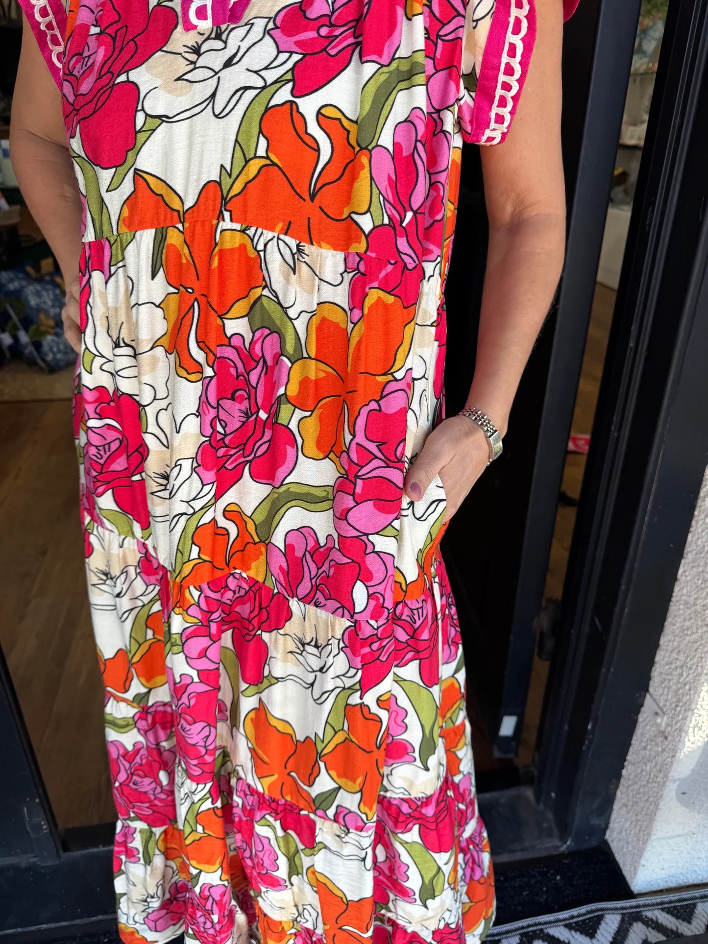 UMGEE: Peony Promenade Floral Print Tiered Midi Dress