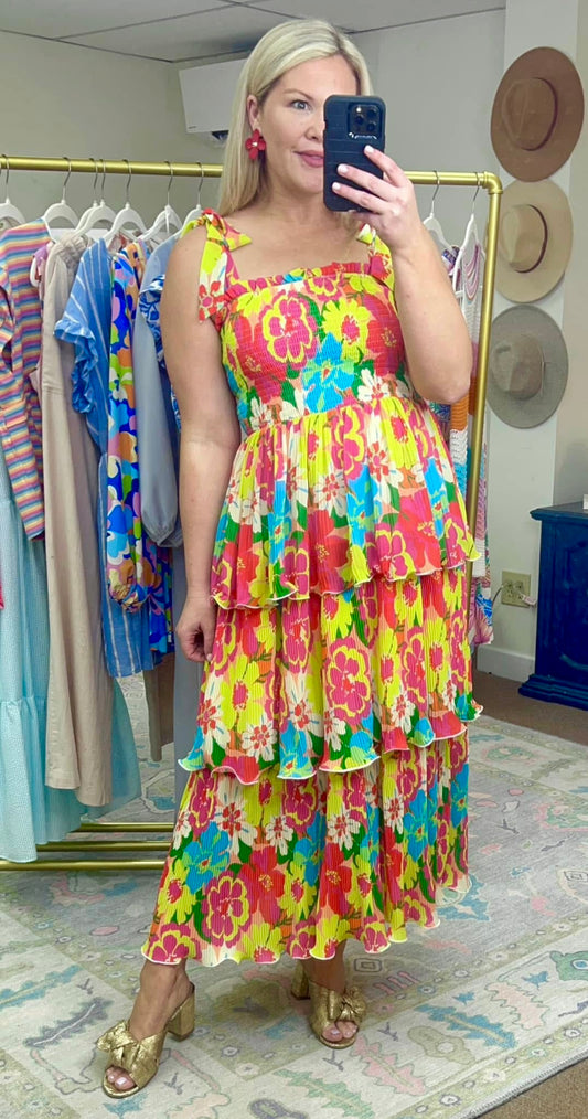 Twirls in Tulum Pleated Tiered Tie Strap Midi Dress