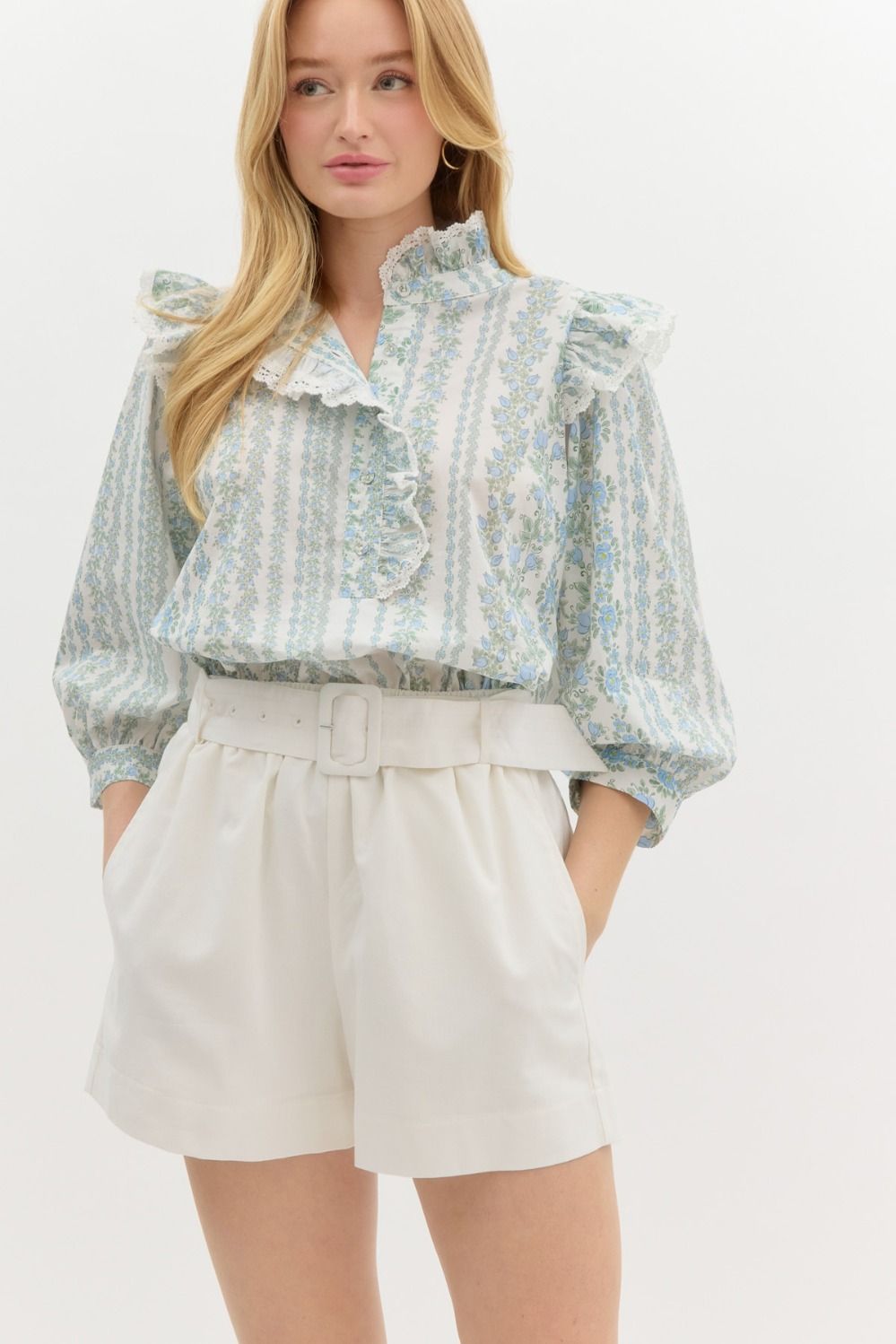 Delicate Flower Ruffle Puff Sleeve Blouse