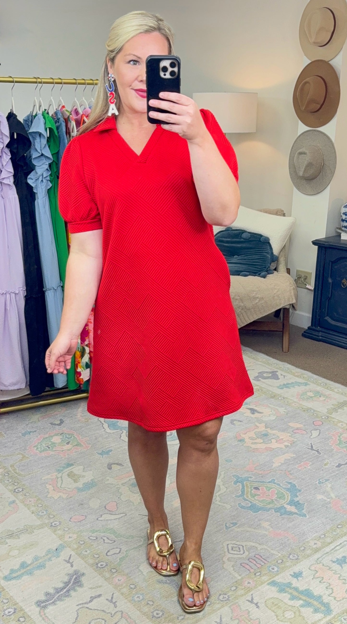 Already There Red Textured Shirt Dress