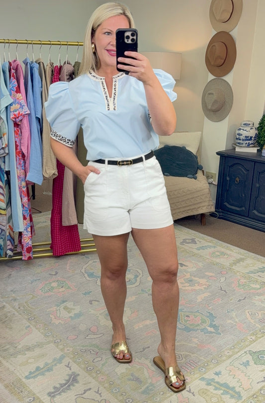In the Wild Leopard Trim Poplin Blouse