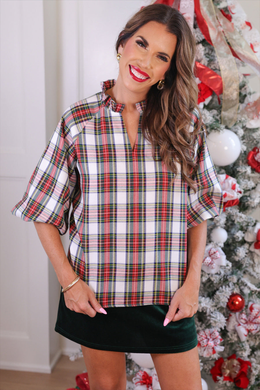 Holiday Heritage Tartan Ruffle Neck Blouse